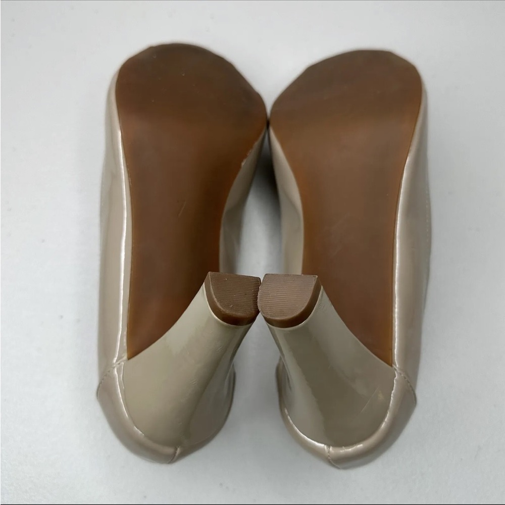 Kelly & Katie Tan Peep Toe Pumps Size 7 M Nude Patent Buckle High Heel Shoes - Picture 11 of 14